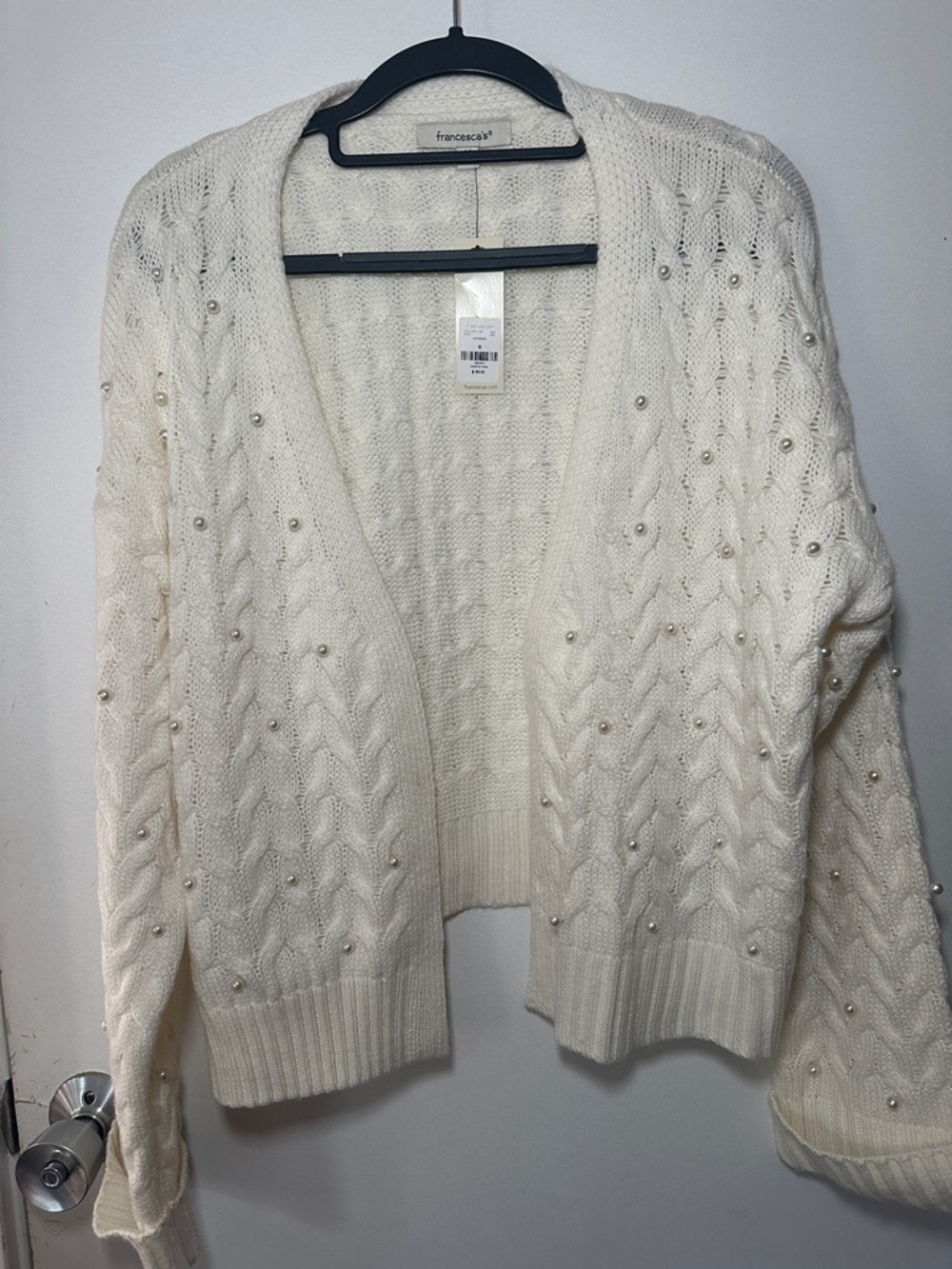 Francesca's Collection Cream Pearl-Embellished Cable Knit Cardigan